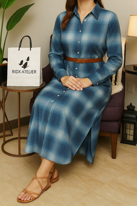 Dusty Indigo Plaid | Slub Cotton | 1 PCs Belted Dress