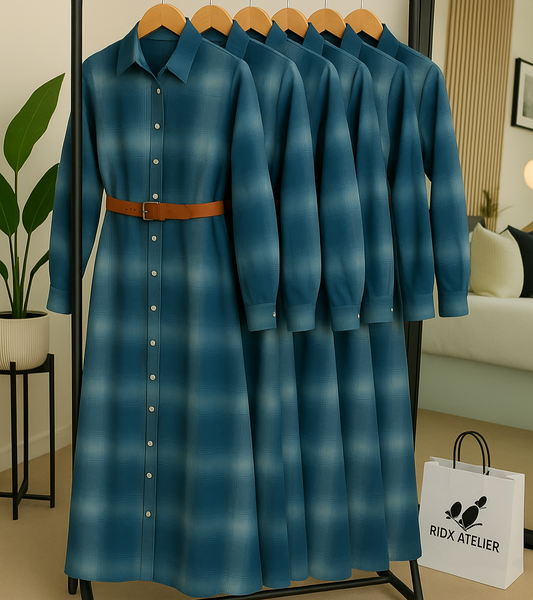 Dusty Indigo Plaid | Slub Cotton | 1 PCs Belted Dress