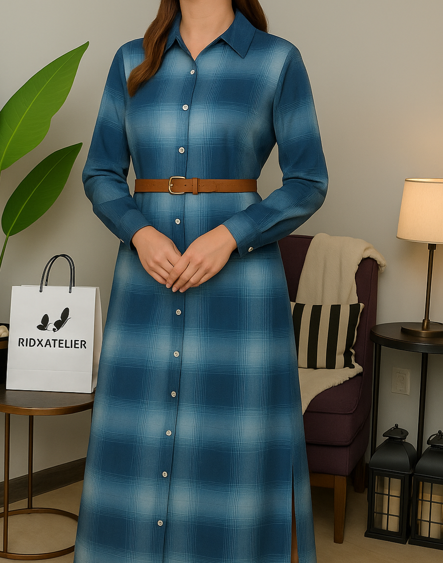 Dusty Indigo Plaid | Slub Cotton | 1 PCs Belted Dress