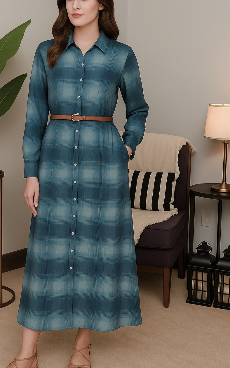 Dusty Indigo Plaid | Slub Cotton | 1 PCs Belted Dress